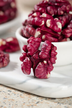 Red Xinjiang Walnuts with Natural Skin in White Bowl - Fresh Kernel Nuts Close-up