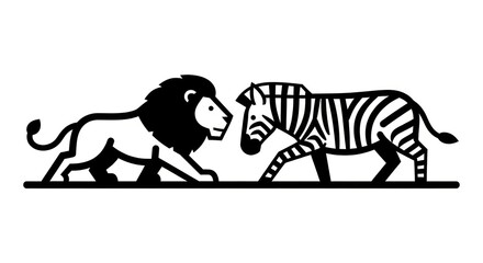 Lion and zebra facing each other. © Slowme