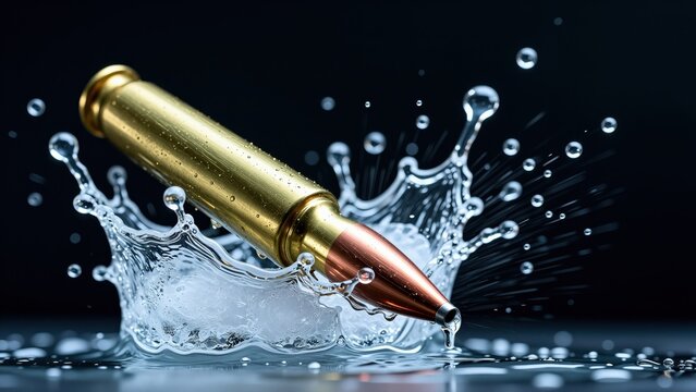 Close-up of a metallic bullet-shaped object splashing into water on a dark background, highlighting motion, reflection, and water dynamics