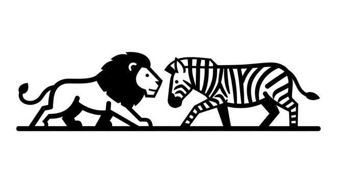 Lion and zebra facing each other.