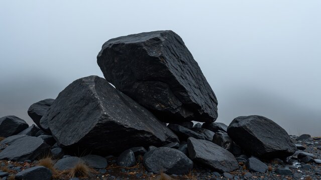Large black volcanic rocks and boulders on a rugged shoreline with a misty, overcast sky, emphasizing natural rock formations and landscape texture