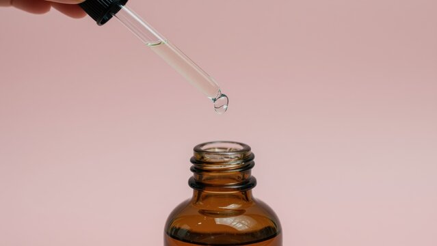 Close-up of a glass dropper with a droplet of liquid above an amber glass bottle with a pink background, illustrating healthcare, medicine, and scientific concepts