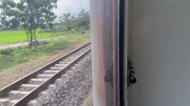 train on railway.Side view of a passenger train traveling along railway tracks through a lush green countryside with bright flowers