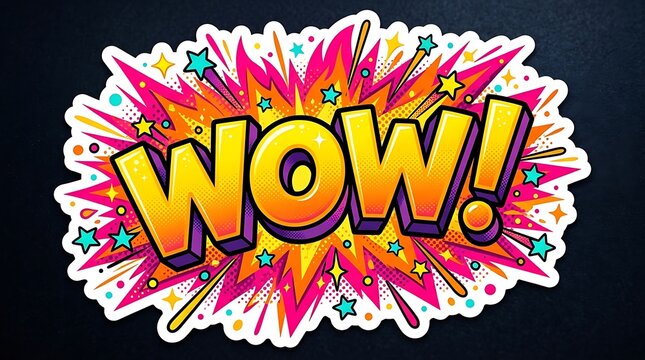 Colorful wow pop art comic explosion sticker graphic with explosion