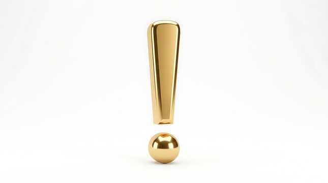 Polished gold exclamation mark standing upright on white studio