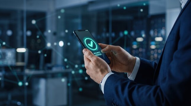 Business professional holding smartphone displaying green security verified checkmark icon, cyber safety authentication on mobile device, protected data encryption in modern