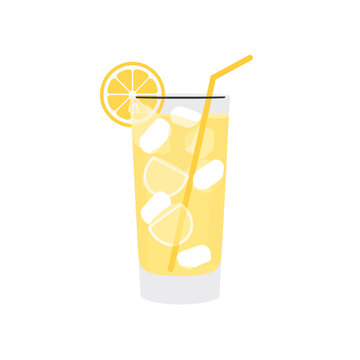 Fresh glass of cold lemonade drink with ice cubes and a yellow lemon slice garnish with a straw for a refreshing summer beverage vector illustration isolated on transparent background, Vector
