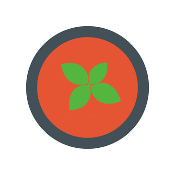 Simple circular icon featuring green basil leaves on a bright orange round shape with a dark gray border for food branding and culinary design projects isolated on transparent background, Vector