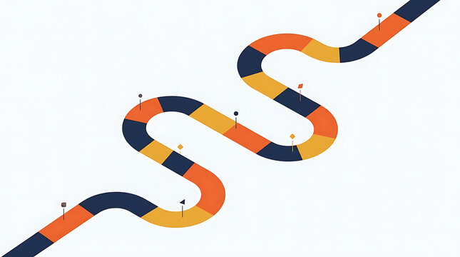 A colorful winding roadmap concept graphic showcasing a wavy journey path with milestones
