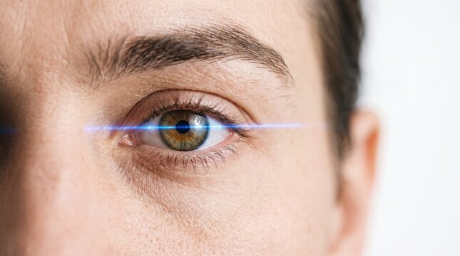 Close up of human eye with blue laser scan line across iris representing biometric security identification facial recognition technology and futuristic visions
