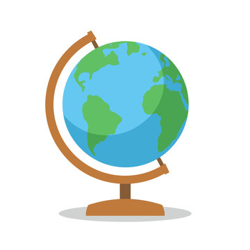 A simple flat design illustration of a colorful planet earth globe icon with a wooden stand for education school or travel concepts isolated on transparent background, Vector