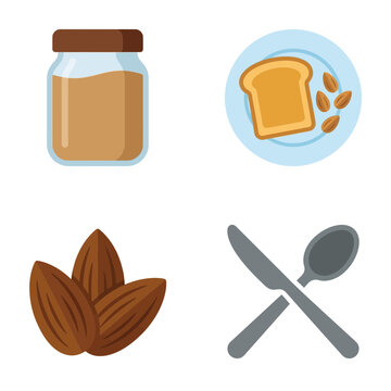 Almond food product icons feature almond butter jar, toast slice, whole nuts, and cutlery set.