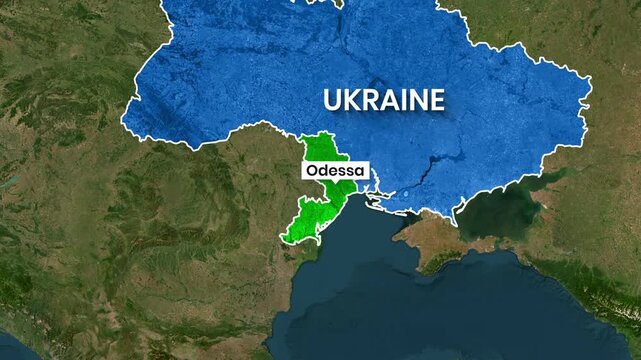 Ukraine region Odessa highlighted in green on satellite map footage