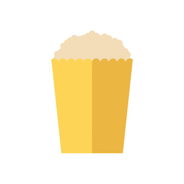 A yellow bucket filled with fresh salty popcorn for a movie snack or cinema food concept in a simple flat illustration style icon design isolated on transparent background, Vector