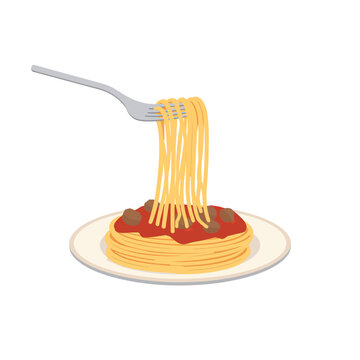 Fresh spaghetti pasta with meatballs and red tomato sauce being lifted by a silver fork from a plate isolated on transparent background, Vector