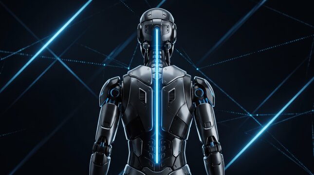 Back view of humanoid robot with glowing blue spine, futuristic android design, artificial intelligence cyborg, science fiction character, advanced robotics technology