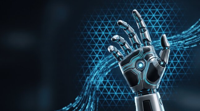 Futuristic cybernetic robot hand reaching out with glowing blue circuits, artificial intelligence against dark with geometric triangle grid pattern and digital data stream effects.