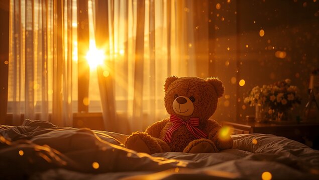 Generative AI cozy scene with teddy bear illuminated by warm sunset light