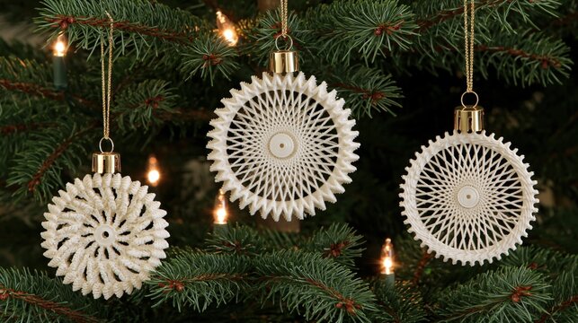 Three different patterned 3d printed white round christmas bauble ornaments hanging on natural green pine tree with warm glowing string lights, festive minimalist holiday decor