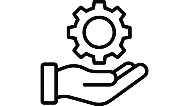 Outline icon of a hand holding a mechanical gear cog.