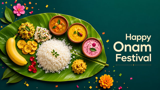 Authentic vegetarian sadhya meal arranged on green banana leaf celebrating wonderful happy onam a joyous south indian festival in kerala festive background