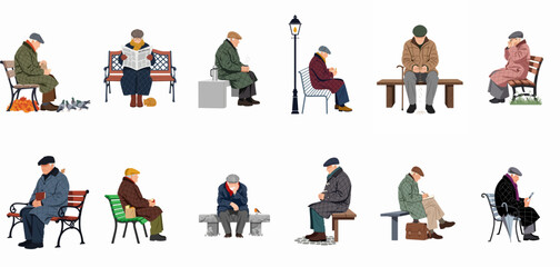 Fototapeta premium Collection of illustrated elderly men sitting on benches in winter clothing for architectural visualization character set on white background.
