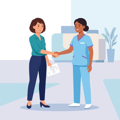 Fototapeta premium Doctor and Patient Shaking Hands in Modern Medical Office, Symbolizing Trust and Healthcare Partnership