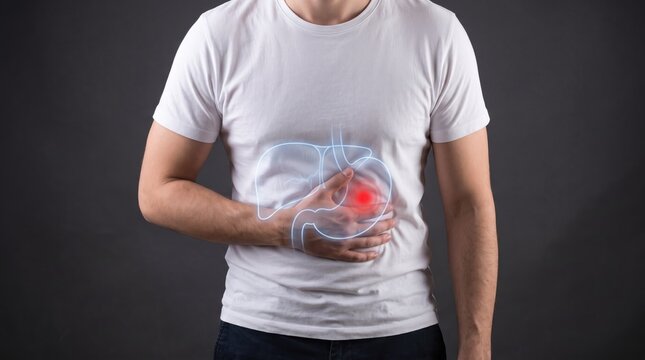 Man clutching stomach with glowing red pain point and translucent organ outline on white t-shirt against dark, visualizing gastric distress, ulcer, indigestion, or abdominal