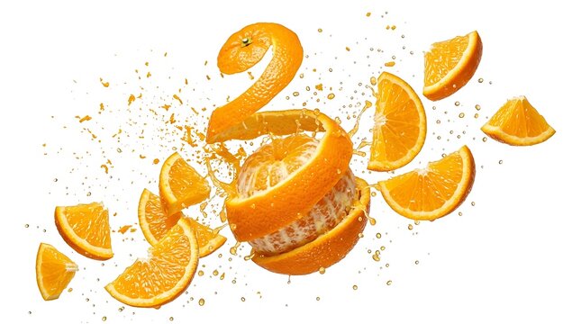 Fresh juicy orange slices and spiraled peel exploding with background