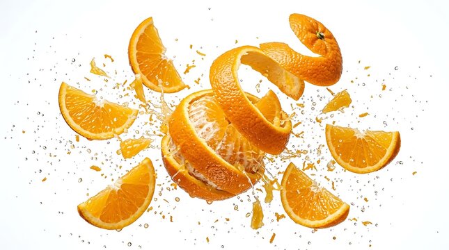Fresh juicy orange slices and spiraled peel exploding in mid air