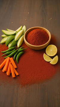 Chili Powder Mound and Pickling Ingredients Flat Lay