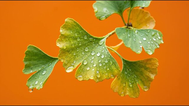 Water dripping from ginkgo biloba leaves on orange background