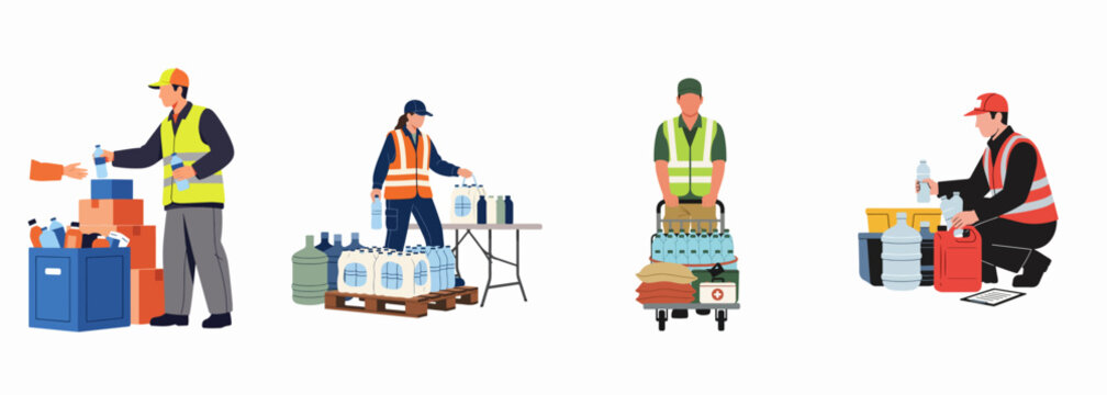 Set of volunteers and aid workers distributing water and essential supplies during a humanitarian crisis, isolated on white background.