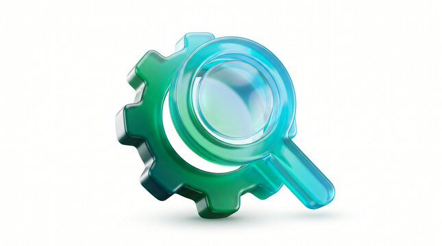 Glossy teal gear icon with integrated magnifying glass design element for digital interface and software optimization.