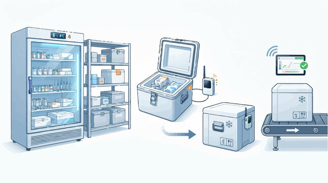 Pharmaceutical cold chain logistics process with refrigerated storage, transport, and temperature monitoring
