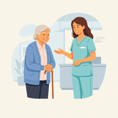 Fototapeta premium Nurse and Elderly Woman Talking, Healthcare Support, Senior Care and Companionship Vector Illustration
