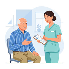 Obraz premium Nurse and elderly patient consulting, discussing health report in clinic, vector illustration