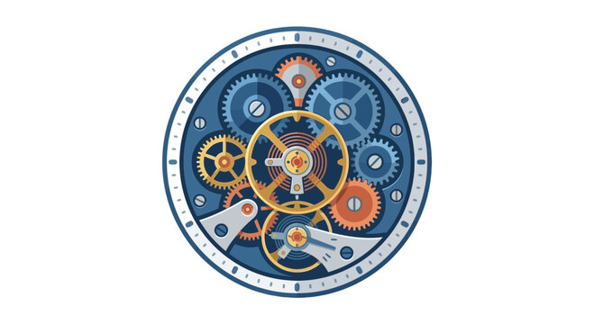 Close-up view of a complex clockwork mechanism with interconnected gears, springs, and cogs in blue, gold, and silver tones, illustrating intricate precision engineering.