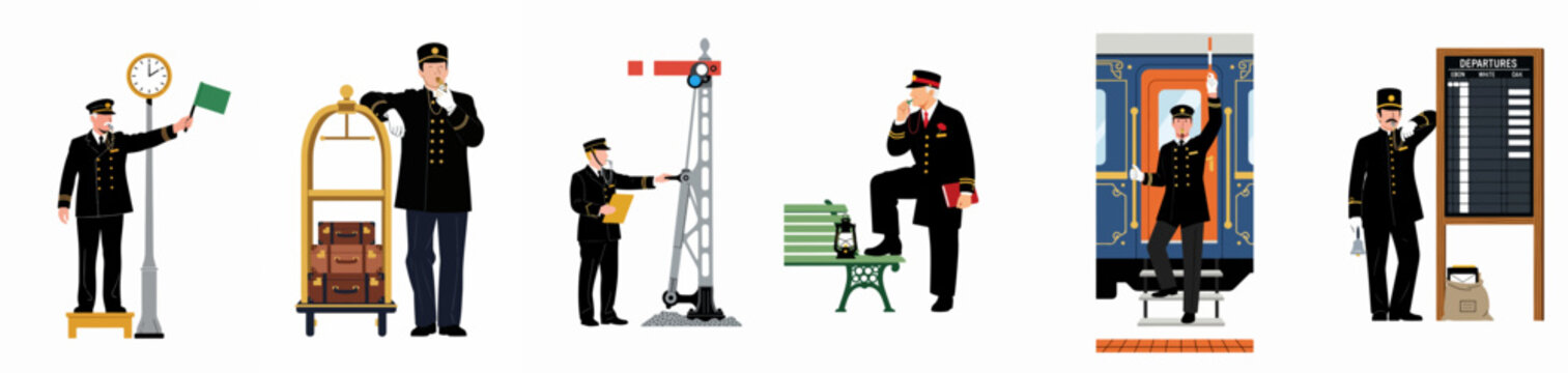 Set of vintage railway station staff illustrations including station master, porter, signalman, and conductor in classic black uniforms on white background.