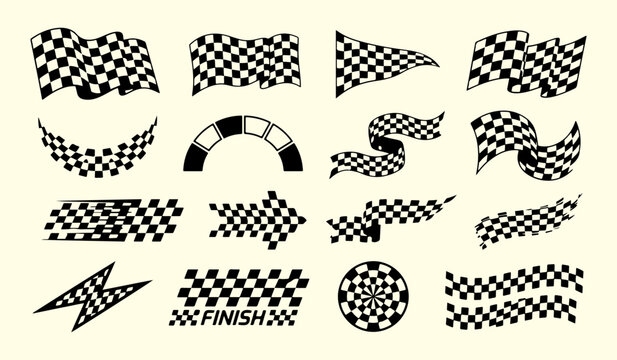 Set of black checkered racing flags and finish symbols vector illustration with checkered competition motorsport collection isolated silhouette challenge champion