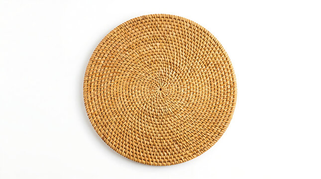 Top view of a woven rattan placemat on a white background.