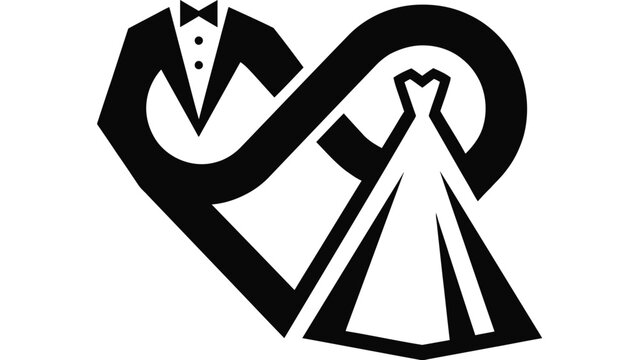 Minimalist Wedding Icon Featuring Tuxedo and Bridal Gown Forming a Heart Shape.