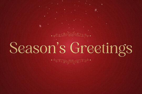Season's Greetings elegant gold text on red background, festive Christmas holiday card design with decorative ornaments, winter celebration banner