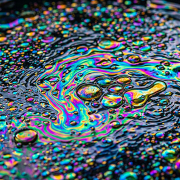 Vibrant Iridescent Oil Slick Patterns Creating Abstract Rainbow Liquid Textures on Dark Water Surfaces