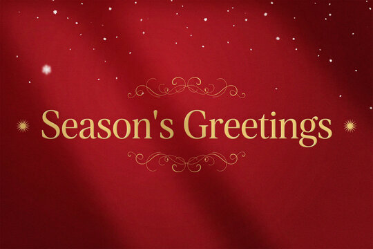 Elegant Season's Greetings text on red background, festive Christmas holiday card design, luxury gold typography with sparkles