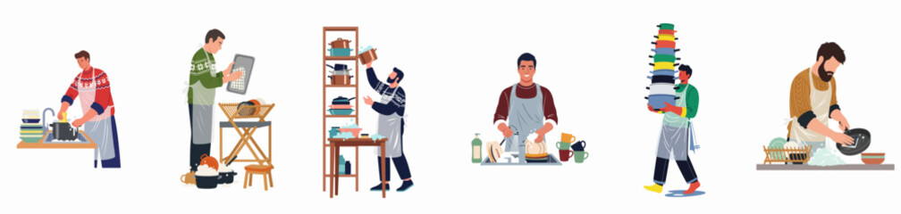 Fototapeta premium Collection of diverse men performing various kitchen chores including washing, drying, and organizing dishes, isolated on a white background vector illustration.