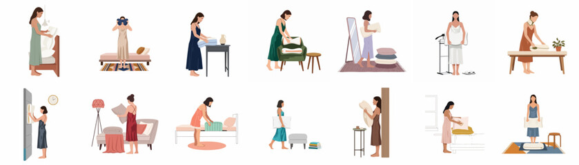 Fototapeta premium Collection of Illustrations Depicting Women Performing Various Daily Household Chores and Routines Isolated on White Background