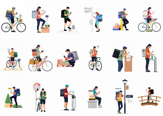 Fototapeta premium Set of diverse delivery service workers including couriers on bicycles and foot, using smartphones to manage orders in various urban settings.