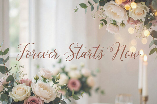 Elegant wedding typography with Forever Starts Now text, romantic floral arrangement with pastel roses and eucalyptus, dreamlike wedding reception background