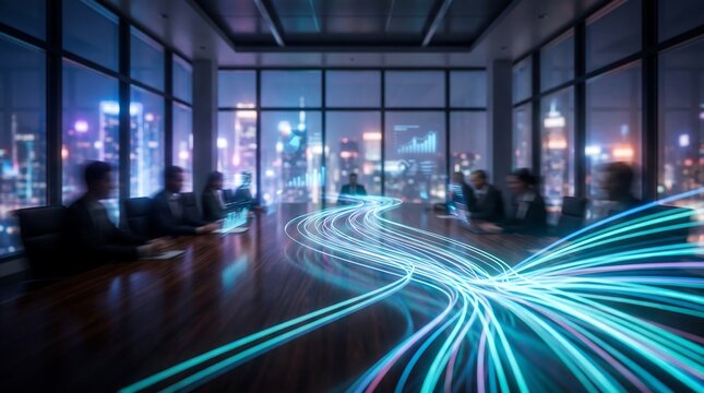 Business team in a high tech boardroom at night with glowing data streaks and abstract light lines flowing across the conference table representing digital business intelligence